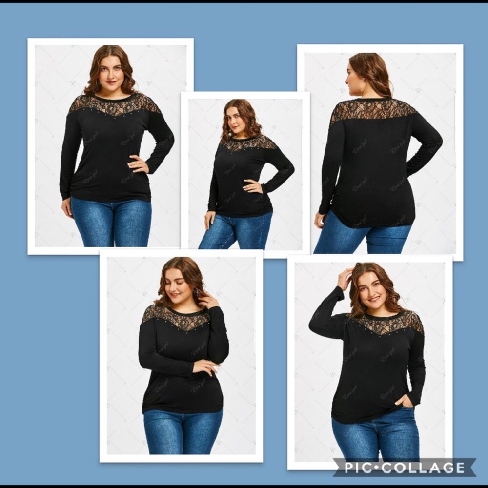 Black Lace Panel Long Sleeve Top